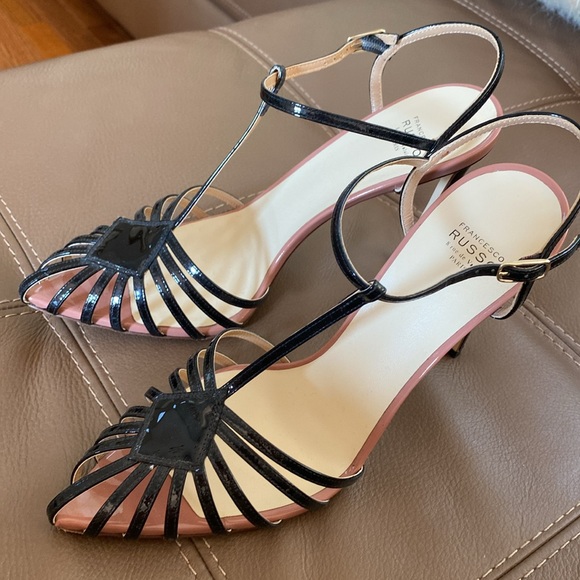 Russo Strappy Black Patent Leather Sandals Heels Made in Italy - Picture 6 of 9